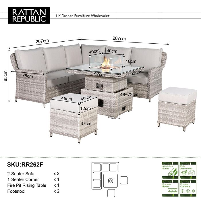 Havana Range Square Corner Sofa Set with Fire Pit Rising Table