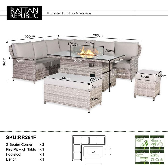 Havana Range High Back Left Hand Corner Sofa Set with Fire Pit Rising Table