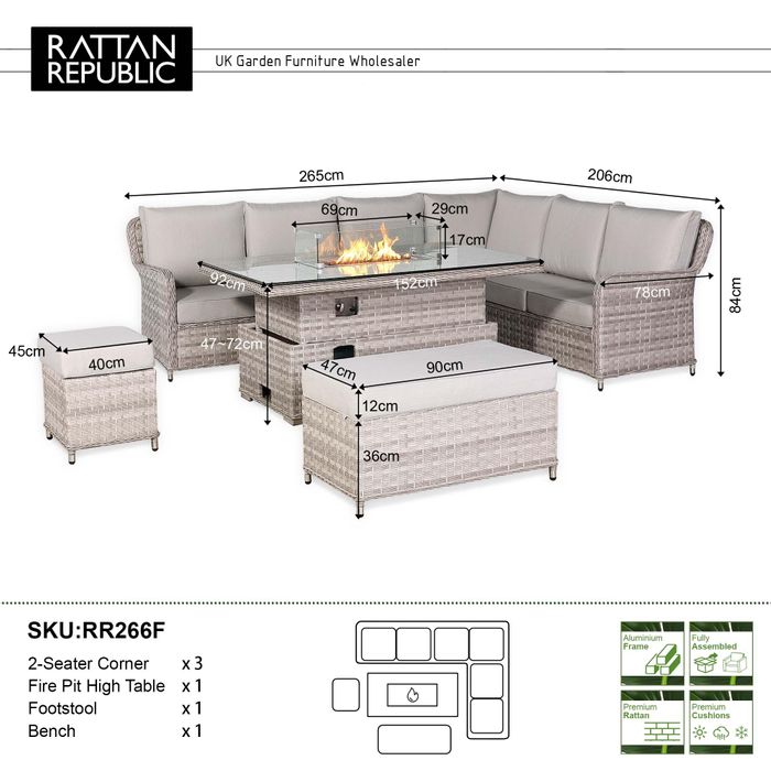 Havana Range High Back Right Hand Corner Sofa Set with Fire Pit Rising Table