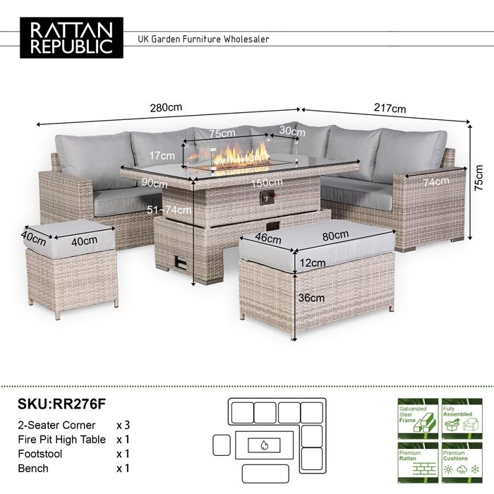 Aurora Range High Back Right Hand Corner Sofa Set with Fire Pit Rising Table