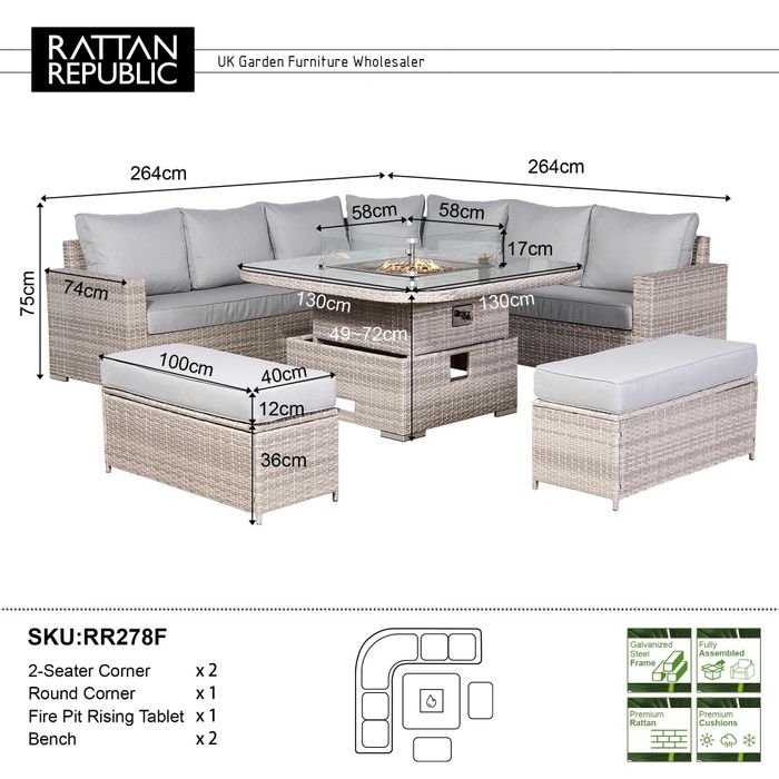 Aurora Range Large Round Corner Sofa Set with Fire Pit Rising Table