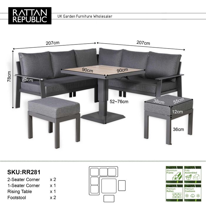 Titan Range Square Corner Sofa Set With Rising Table