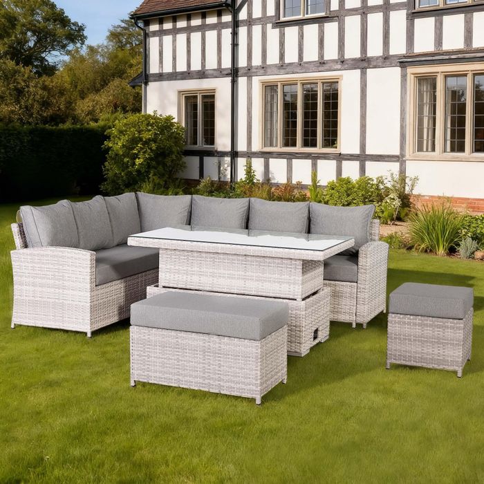 Monaco Range Left Hand Corner Sofa Set with Rising Table in Beige Grey Weave