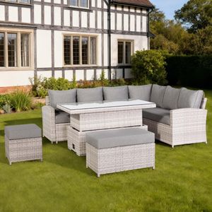 Monaco Range Right Hand Corner Sofa Set with Rising Table in Beige Grey Weave