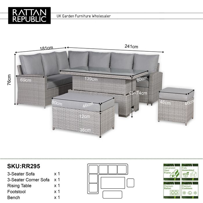Monaco Range Left Hand Corner Sofa Set with Rising Table in Light Grey Weave