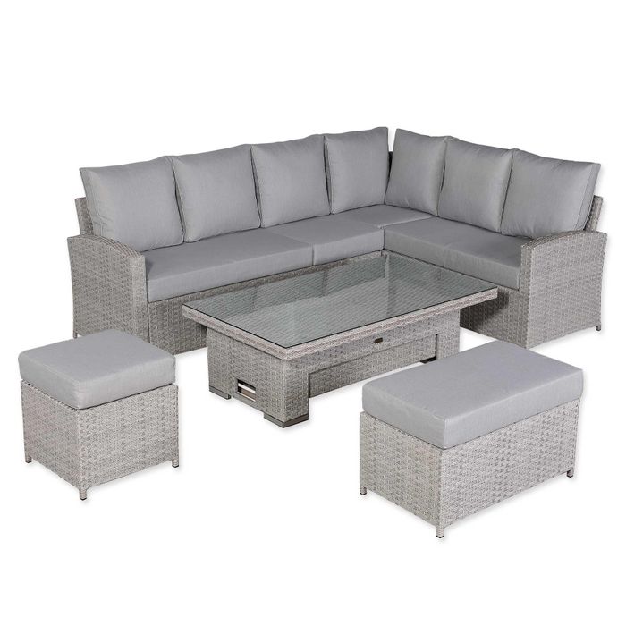 Monaco Range Right Hand Corner Sofa Set with Rising Table in Light Grey Weave