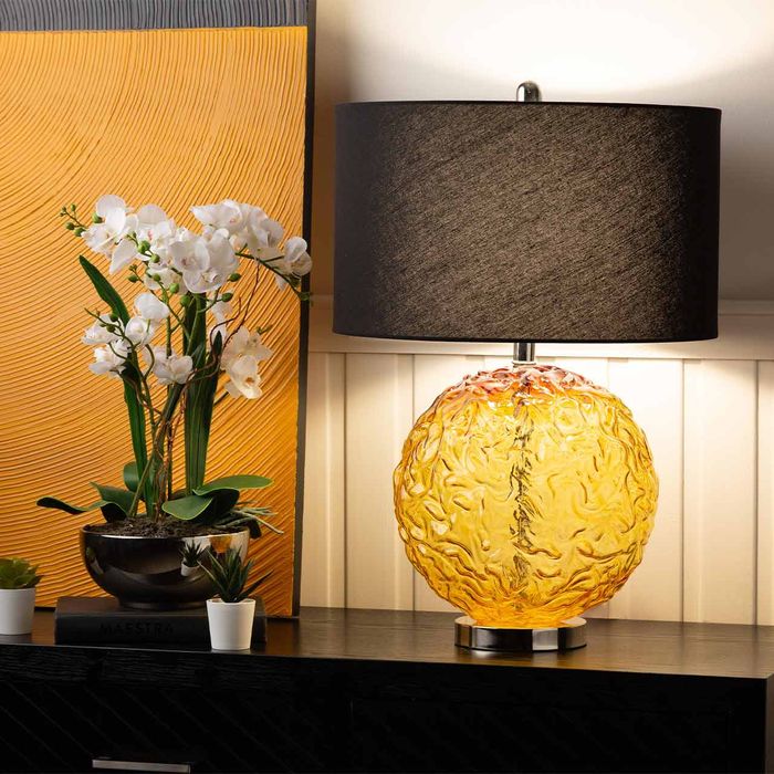 Clear Brown Glass Table Lamp with Black Linen Shade