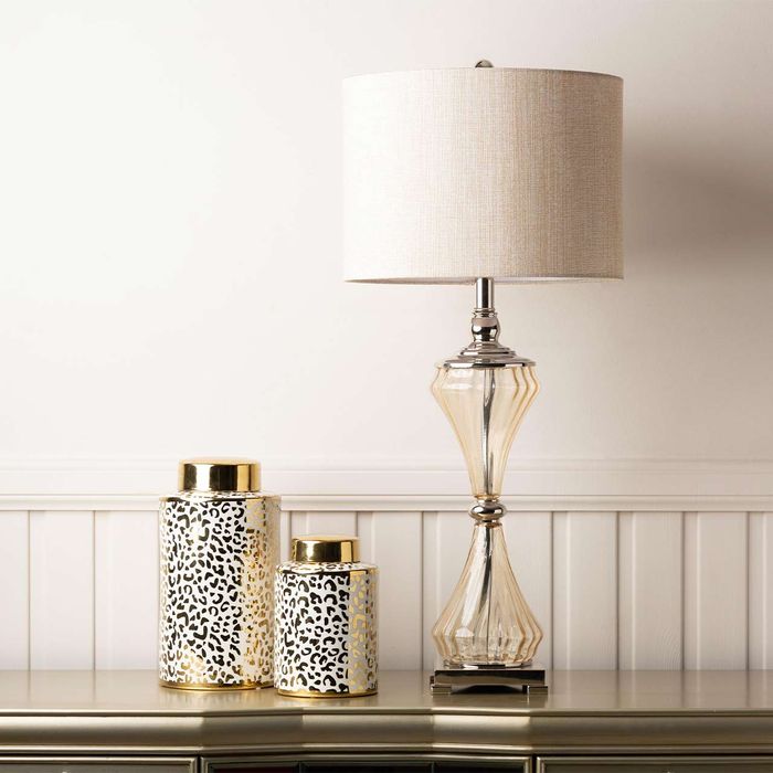 Clear Table Lamp with Cream Linen Shade