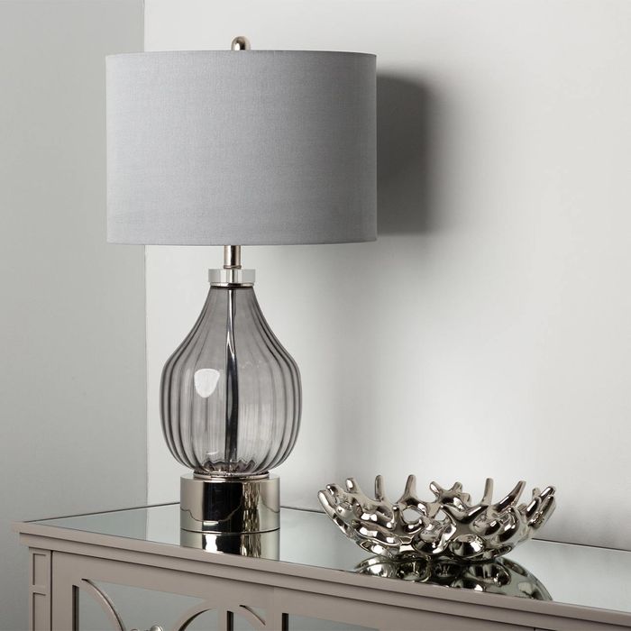 Clear Table Lamp with Cream Linen Shade