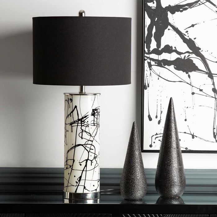 Black and White Splash Glass Table Lamp with Black Velvet Shade