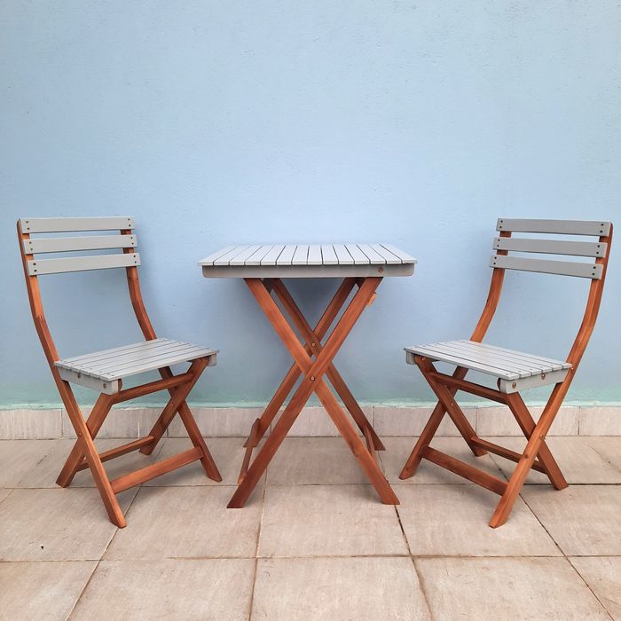 44792 - Bistro Set Acacia Wood 2 Tones Colour Grey - Natural Colour