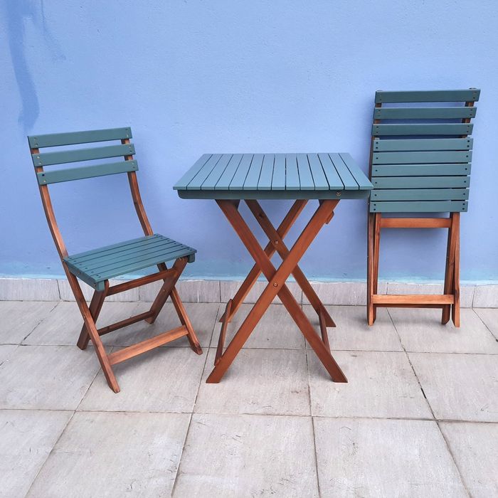 44793 - Bistro Set Acacia Wood 2 Tones Colour Green - Natural Colour