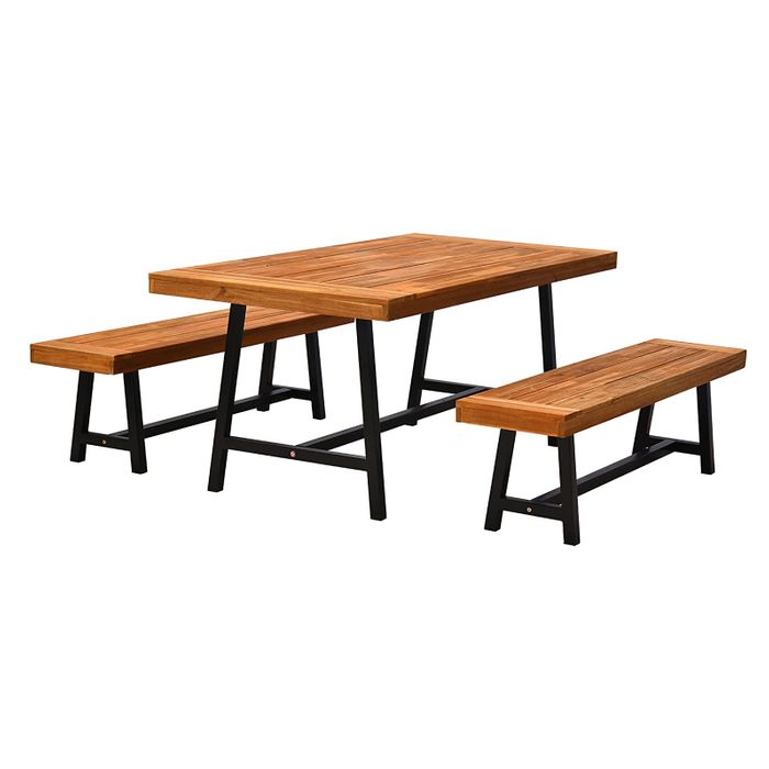 58191 - Dining Set 6 Seater Metal Frame with Acacia Wood Natural Colour