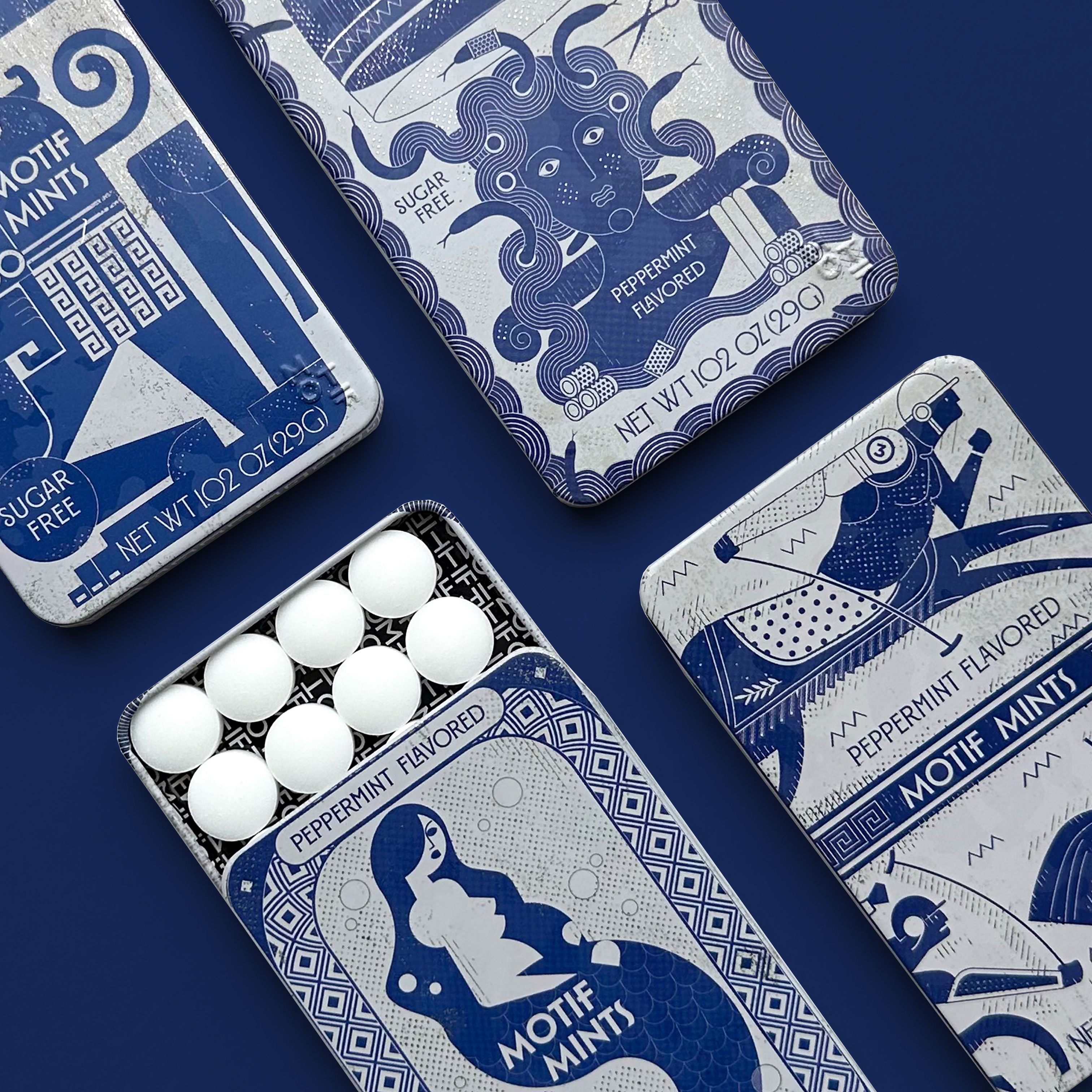 Motif Mints in blue and white designed tin
