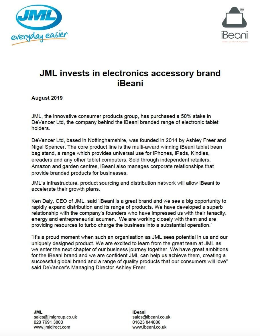 JML Invests in electronics accessory brand, iBeani.