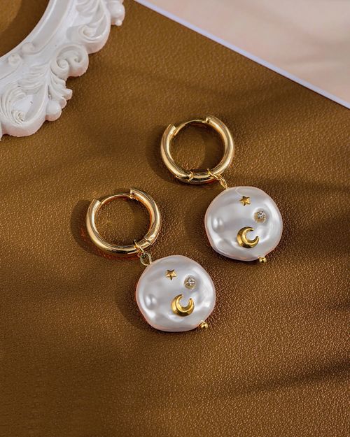 Faux Pearl Star & Moon Huggie in Gold