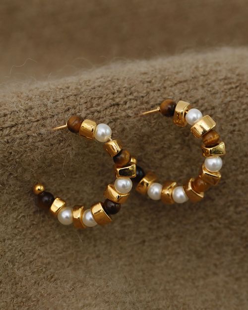 Pearl and Stone Beaded Hoop in Gold