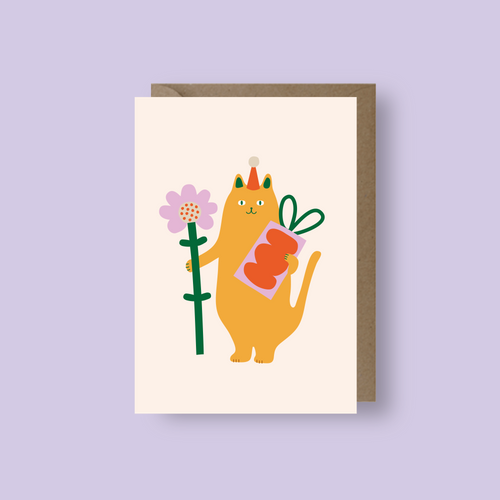 Ginger Cat with Gift & Flower