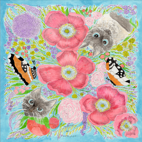 Exclusive New Design (not yet released) Cats & Butterflies Silk Twill Scarf