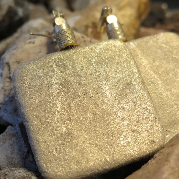 Gold stone slab earrings with brass pineapple bead | Moondust Collection