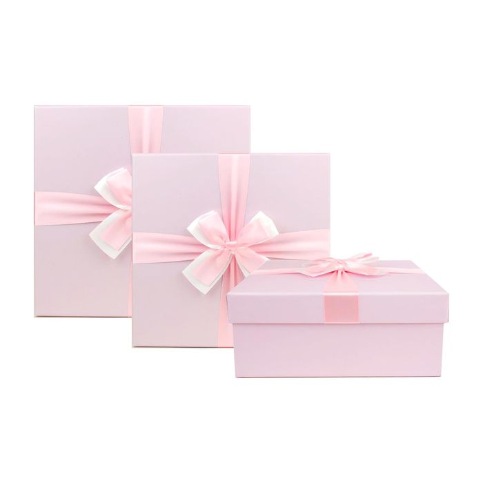Baby Pink Box with Lid, Brown Interior and Satin Decorative Ribbon Set of 3 Rigid Square Gift Box