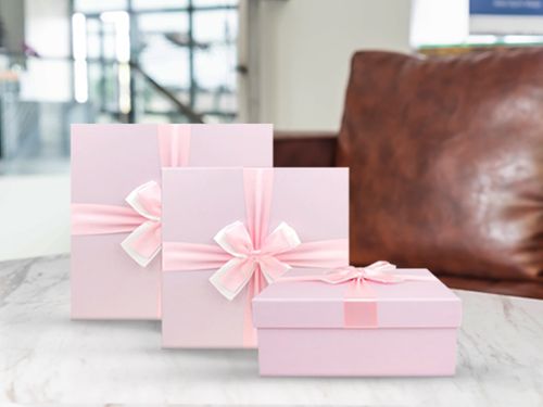 Baby Pink Box with Lid, Brown Interior and Satin Decorative Ribbon Set of 3 Rigid Square Gift Box
