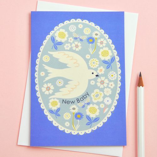 Pretty New Baby Floral & Bird Border in Greetings Card