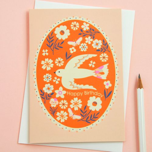 Pretty Happy Birthday Floral & Bird Border Greetings Card