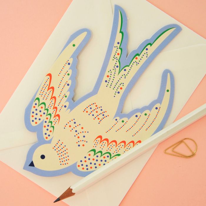 Whimsical Rocking Bird - Blue Die Cut Card