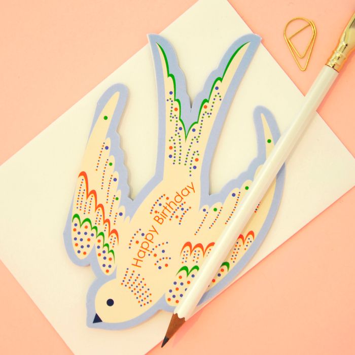 Whimsical Rocking Bird Happy Birthday - Blue Die Cut Card