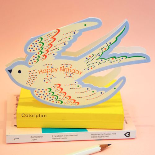 Whimsical Rocking Bird Happy Birthday - Blue Die Cut Card