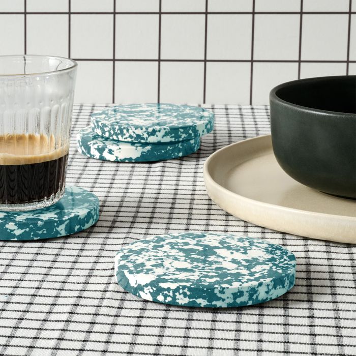 Rock Set of 4 Round Coasters, Forest Green and White