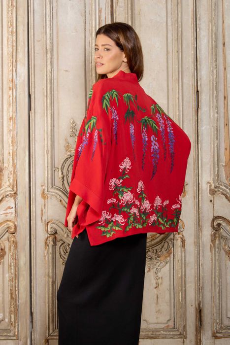 Wisteria & Peony embroidered Short Red Kimono