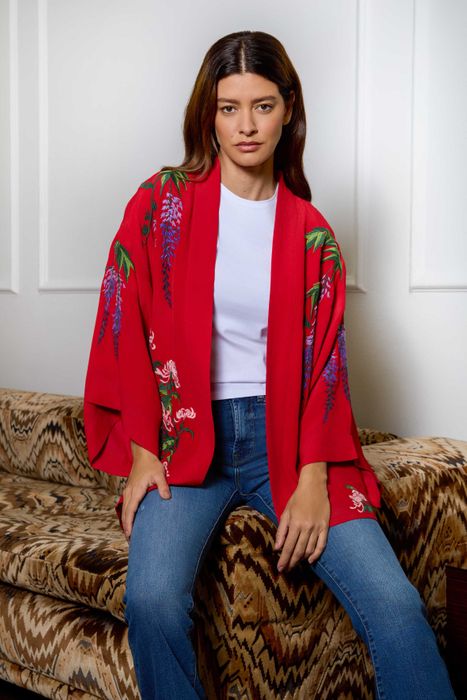 Wisteria & Peony embroidered Short Red Kimono