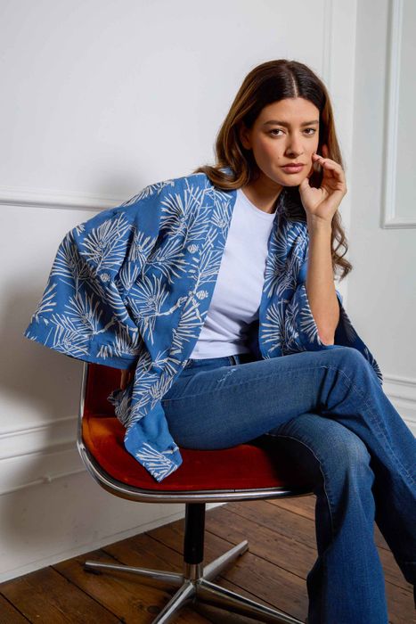 Ivory Embroidered Japanese Pine Needles on Blue Short Kimono