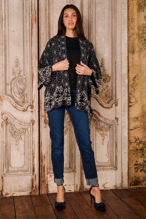 Asanoha & Peonies -Black with ivory embroidery Short kimono