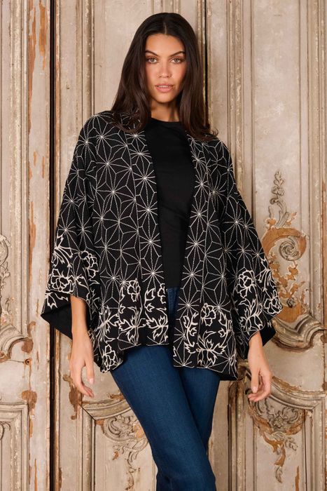 Asanoha & Peonies -Black with ivory embroidery Short kimono