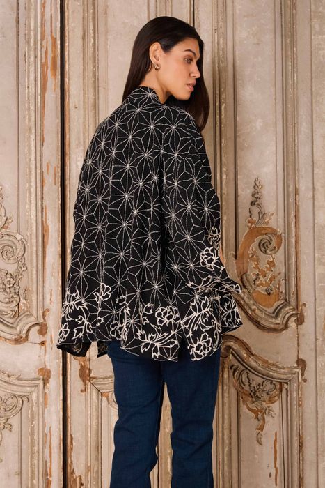 Asanoha & Peonies -Black with ivory embroidery Short kimono