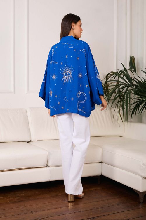 Cosmos Electric Blue embroidered Short Kimono
