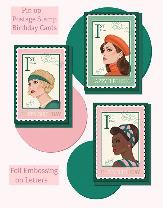 NEW! Pin Up Postage Stamp Birthday Cards