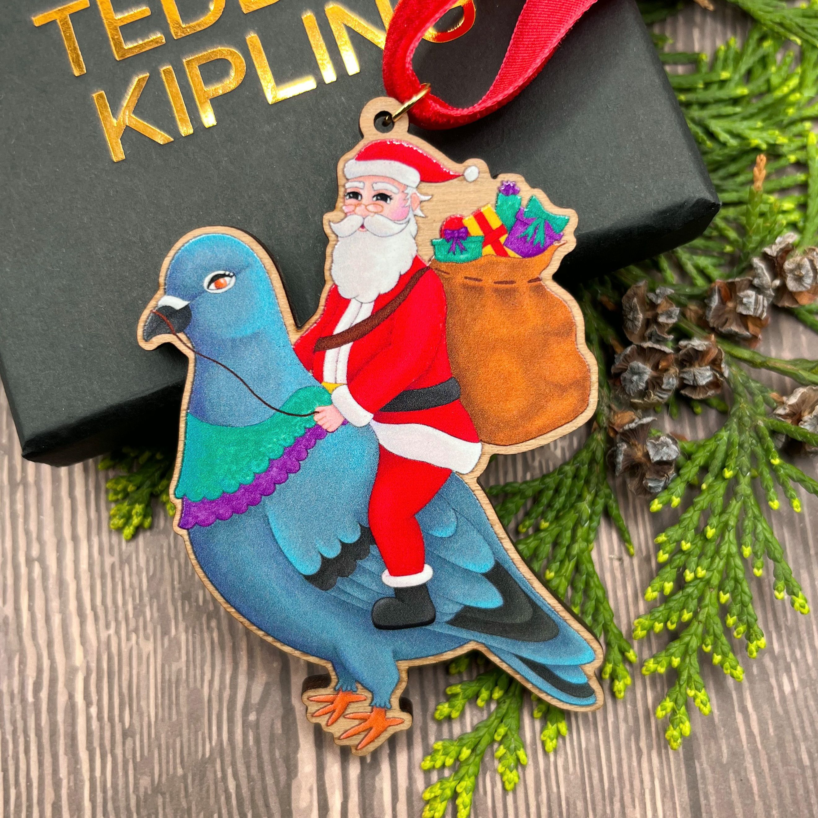 Santa On A Pigeon Wooden Christmas Decoration