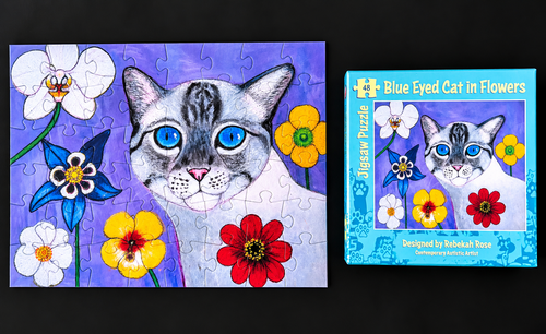Jigsaw Puzzle: Blue Eyed Cat in Flowers 