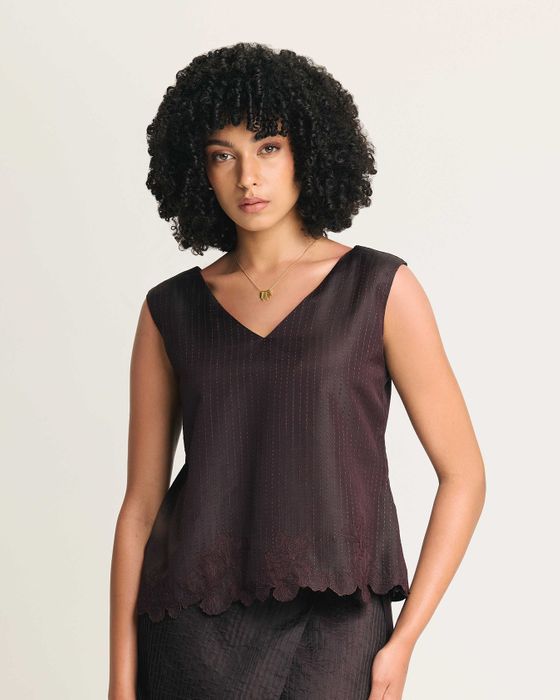 Mulberry Silk Embroidered V-Neck Top