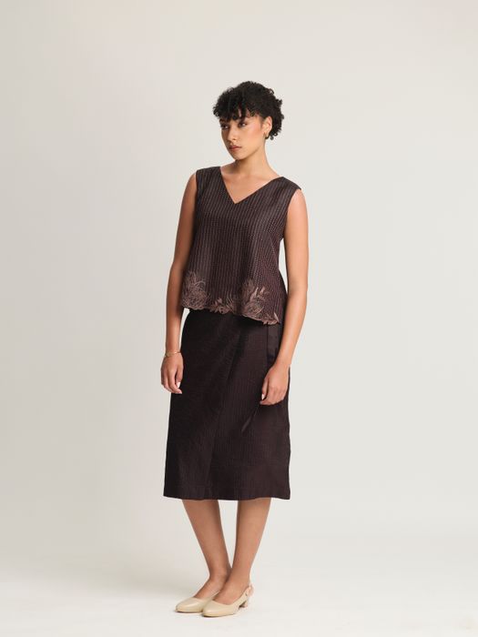 Mulberry Silk Contrast Embroidered V-Neck Top