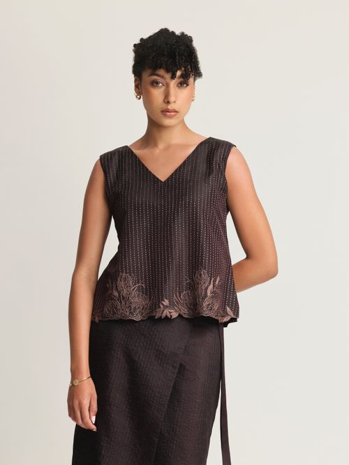 Mulberry Silk Contrast Embroidered V-Neck Top
