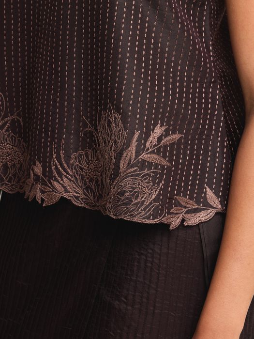 Mulberry Silk Contrast Embroidered V-Neck Top