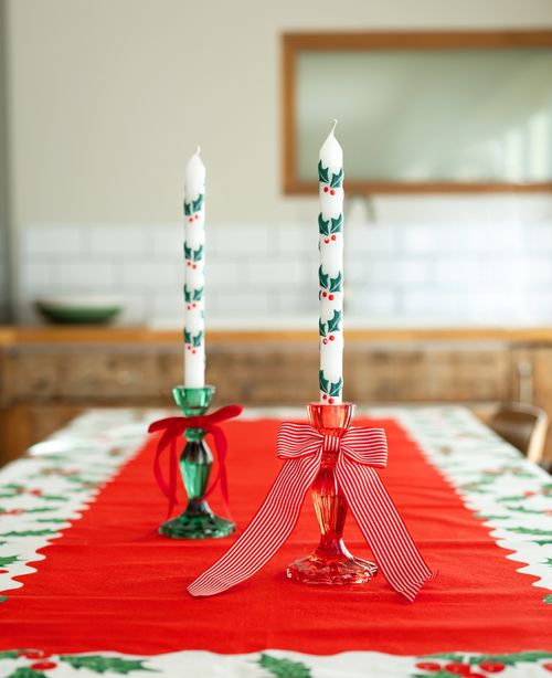 Holly Christmas Taper Dinner Candles