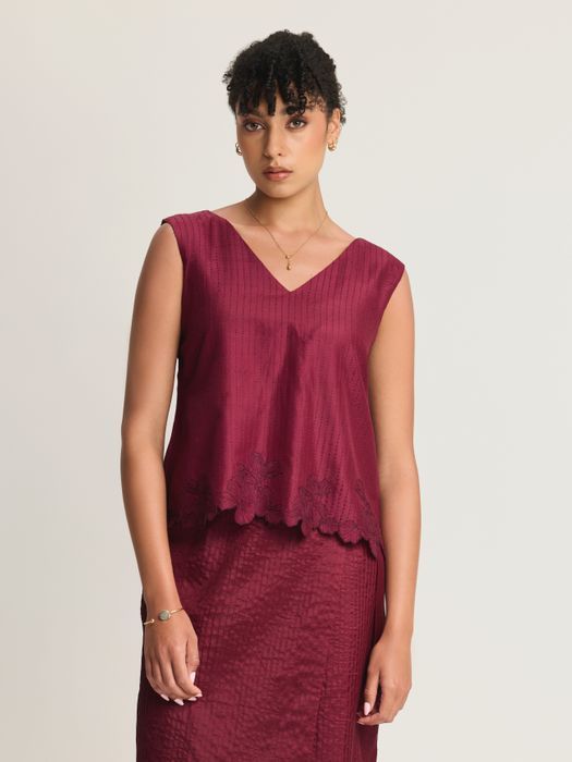 Mulberry Silk Embroidered V-Neck Top