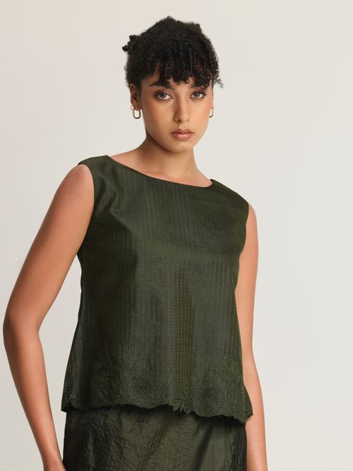Mulberry Silk Embroidered Boat Neck Top