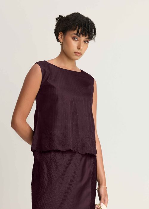 Mulberry Silk Embroidered Boat Neck Top
